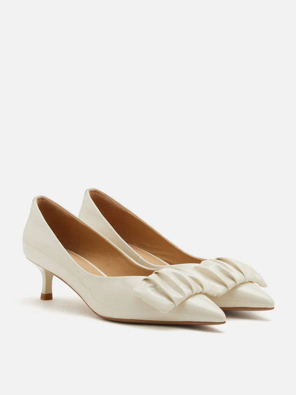 PAZZION, Demna Ruched Pointed Toe Kitten Heels, Beige