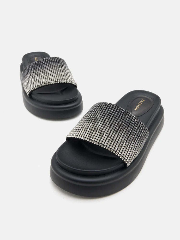 PAZZION, Emilie Crystal-Embellished Platform Slides, Black