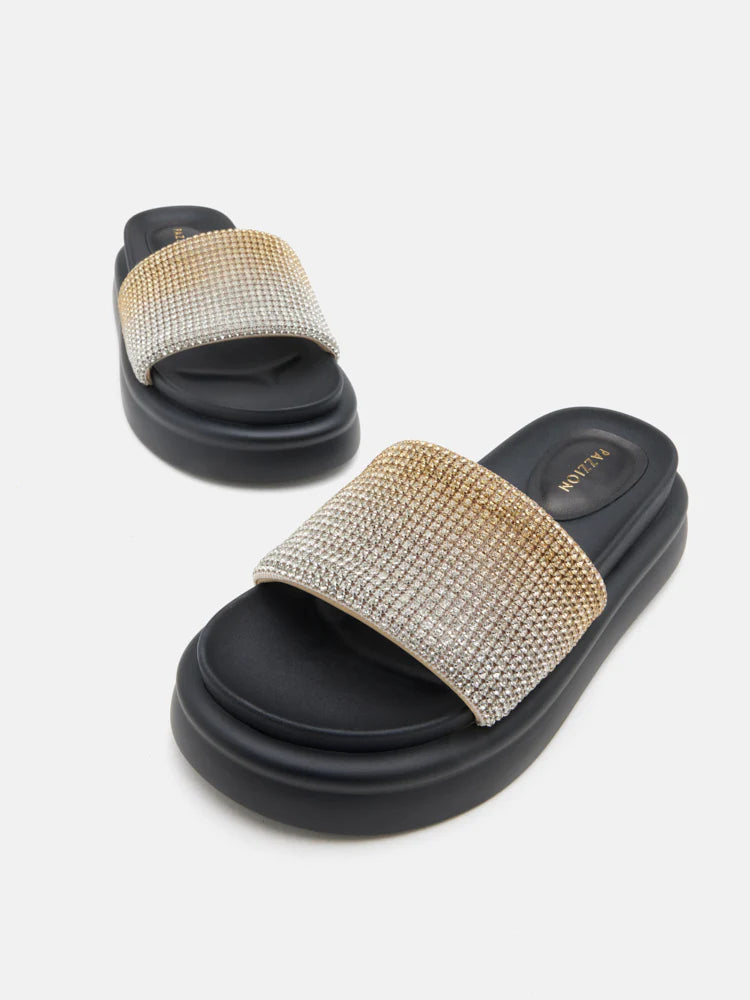PAZZION, Emilie Crystal-Embellished Platform Slides, Gold