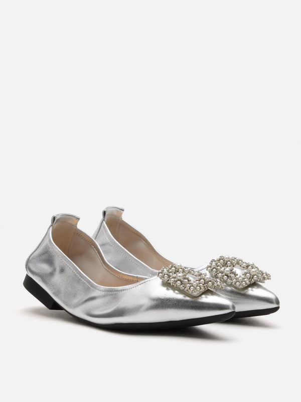 PAZZION, Harivelle Pearl Embellished Leather Foldable Flats, Silver