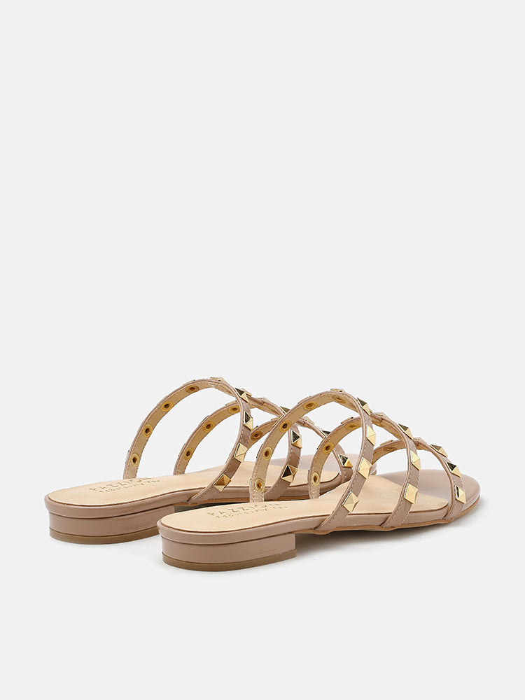 PAZZION, Ingrid Gold Studded Cage Patent Leather Slides, Nude