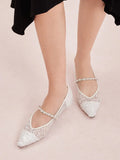 PAZZION, Jemima Embellished Mesh Pointed Toe Flats, White