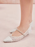 PAZZION, Jemima Embellished Mesh Pointed Toe Flats, White