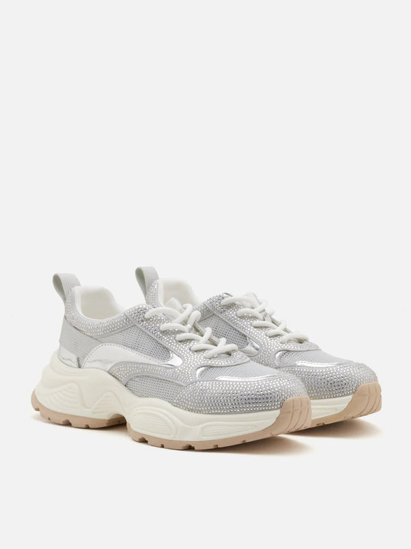 PAZZION, Marivelle Crystal Embellished Mesh Sneakers, Silver