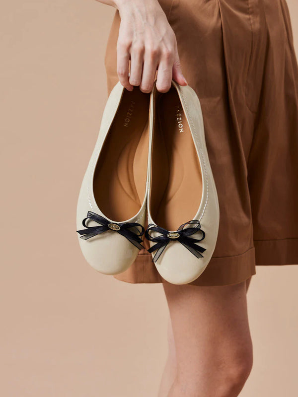 PAZZION, Pia Patent Accented Bow Flats, Beige