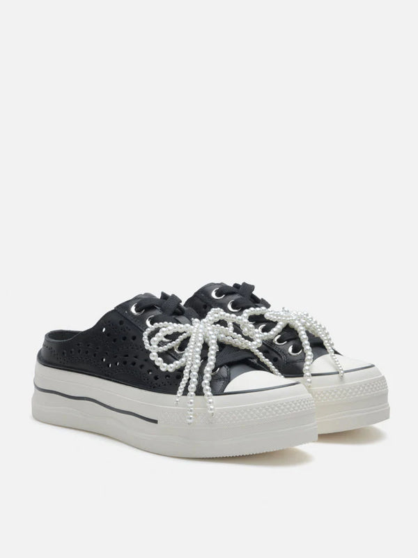 PAZZION, Wilhelmina Slip-on Pearl Bow Sneakers, Black