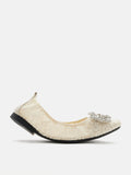 PAZZION, Alina Lace Diamante Foldable Flats, Beige