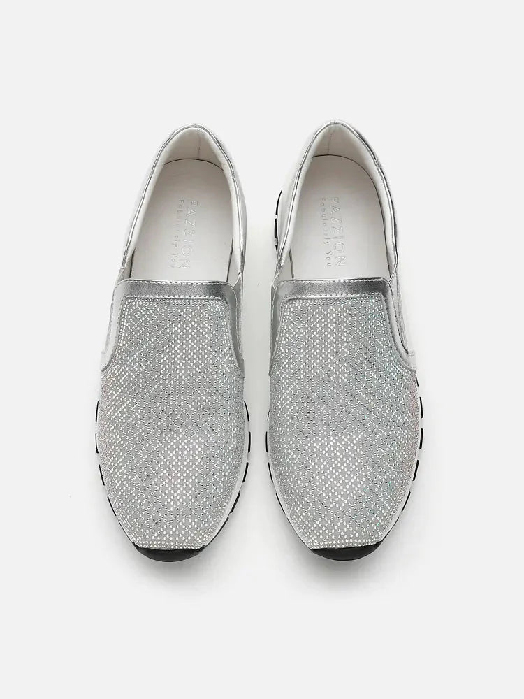 PAZZION, Amarae Diamante Slip On Leather Sneakers, Silver