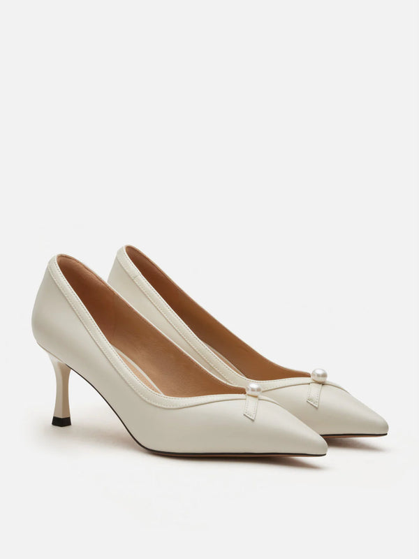 PAZZION, Bellavyn Pearl Accented Patent Leather Heels, Beige