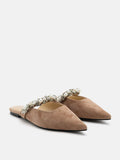 PAZZION, Camila Pearl and Crystal Embellished Strap Suede Mules, Almond