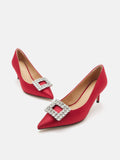PAZZION, Cara Crystal Embellished Silk Heels, Red