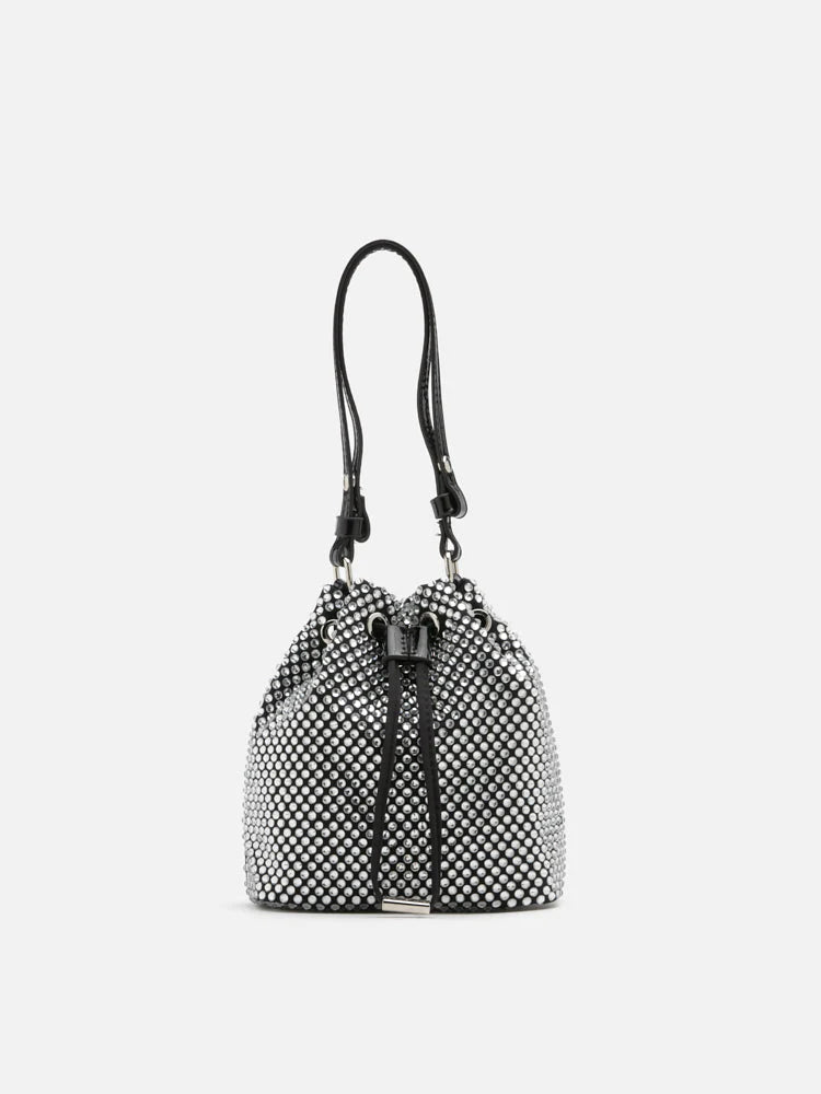 PAZZION, Cleo Diamante Drawstring Bucket Bag, Black