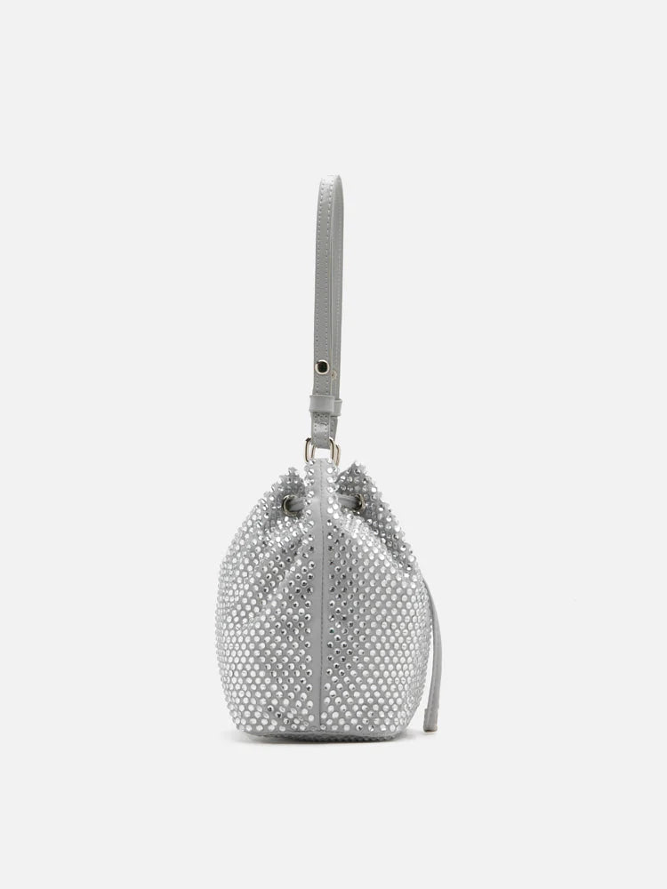 PAZZION, Cleo Diamante Drawstring Bucket Bag, Silver