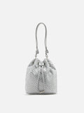 PAZZION, Cleo Diamante Drawstring Bucket Bag, Silver