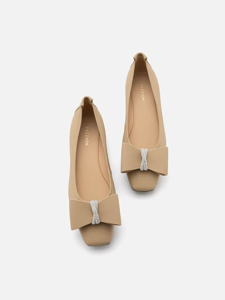 PAZZION, Cora Bow Square-Toe Covered Flats, Almond