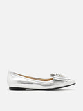 PAZZION, Daisy Hearts and Bow Pointed Toe Metallic Flats, Silver