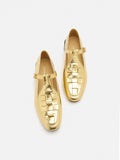 PAZZION, Feodora T-bar Weaved Loafer Flats, Gold