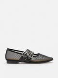 PAZZION, Giselle Mesh Double Buckle Flats, Black