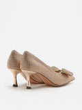 PAZZION, Guinevere Crystal Embellished Bow Perforated Heels, Champagne