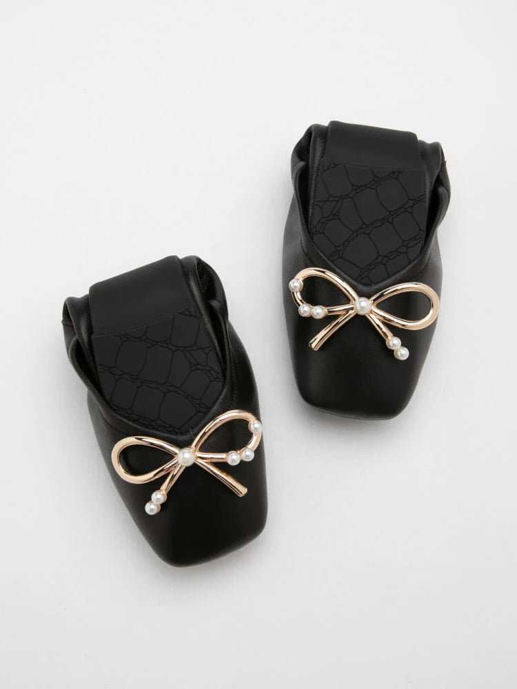 PAZZION, Hailey Foldable Square-Toe Bow Flats, Black