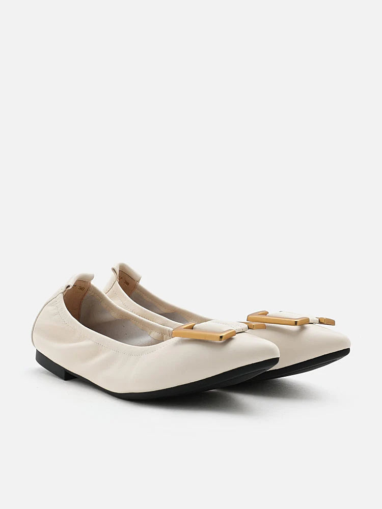 PAZZION, Harper Gold Buckled Pointed-Toe Flats, Beige