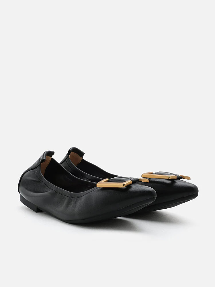 PAZZION, Harper Gold Buckled Pointed-Toe Flats, Black