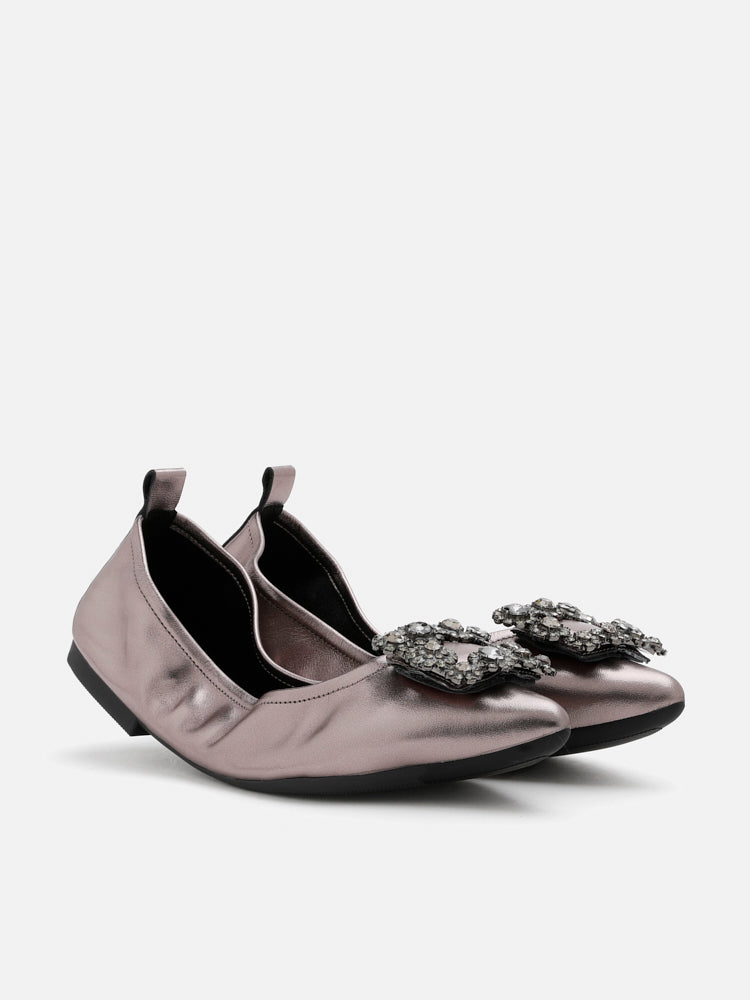 PAZZION, Helene Crystal Buckle Foldable Flats, Pewter