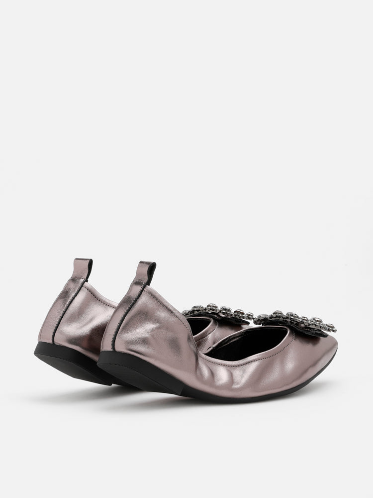 PAZZION, Helene Crystal Buckle Foldable Flats, Pewter