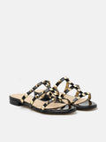 PAZZION, Ingrid Gold Studded Cage Patent Leather Slides, Black