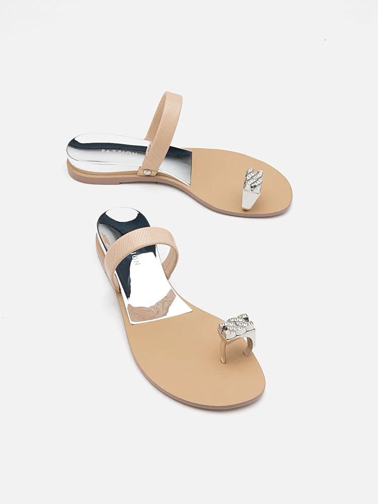 PAZZION, Jamila Silver Toe-Ring Slide Sandals, Almond