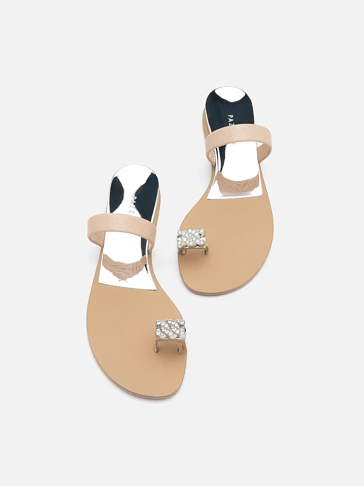 PAZZION, Jamila Silver Toe-Ring Slide Sandals, Almond