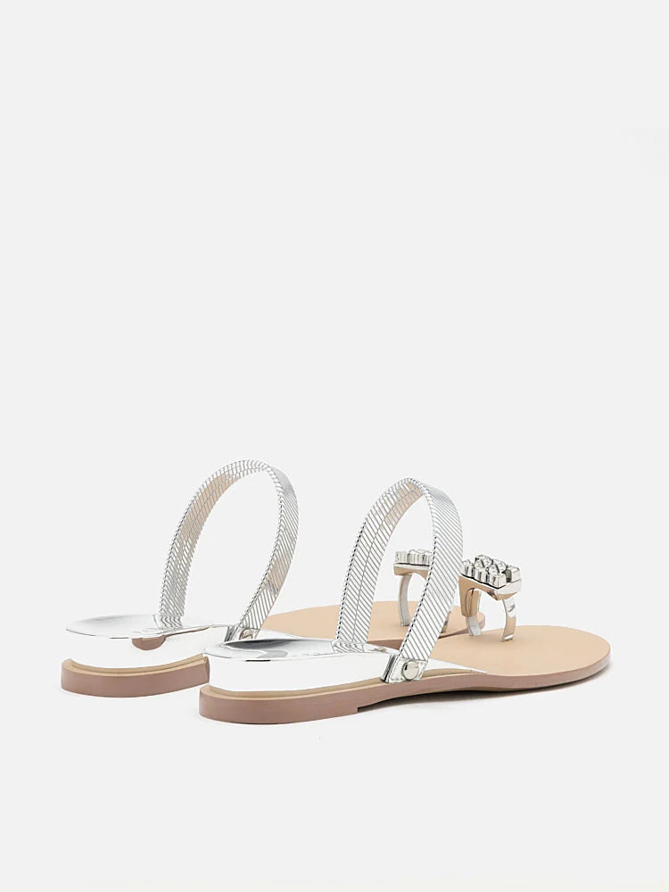 PAZZION, Jamila Silver Toe-Ring Slide Sandals, Silver