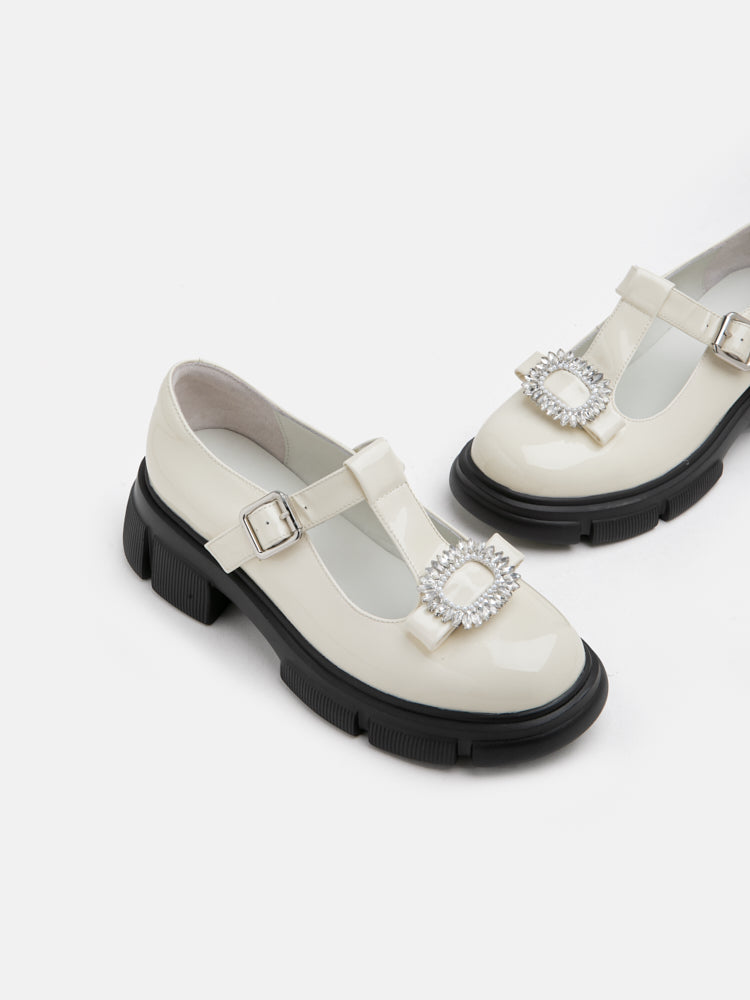 PAZZION, Jewels Embellished Patent Mary Jane Loafers, Beige