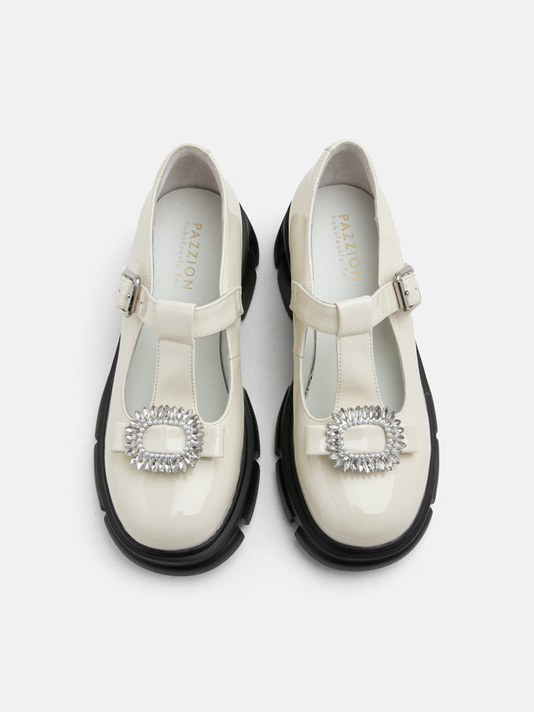 PAZZION, Jewels Embellished Patent Mary Jane Loafers, Beige