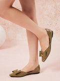 PAZZION, Kara Gold Accented Sculpted Bow Patent Flats, Khaki