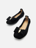 PAZZION, Keyla Gold Accented Bow Suede Flats, Black