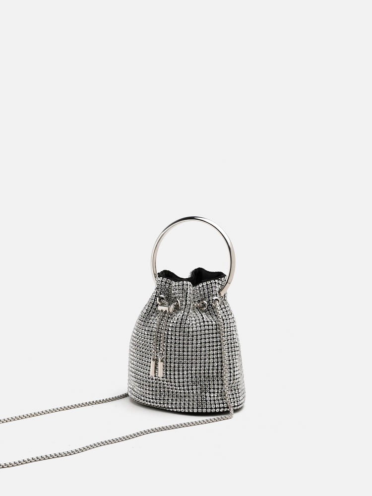 PAZZION, Luna Diamante Mini Bucket Bag, Silver