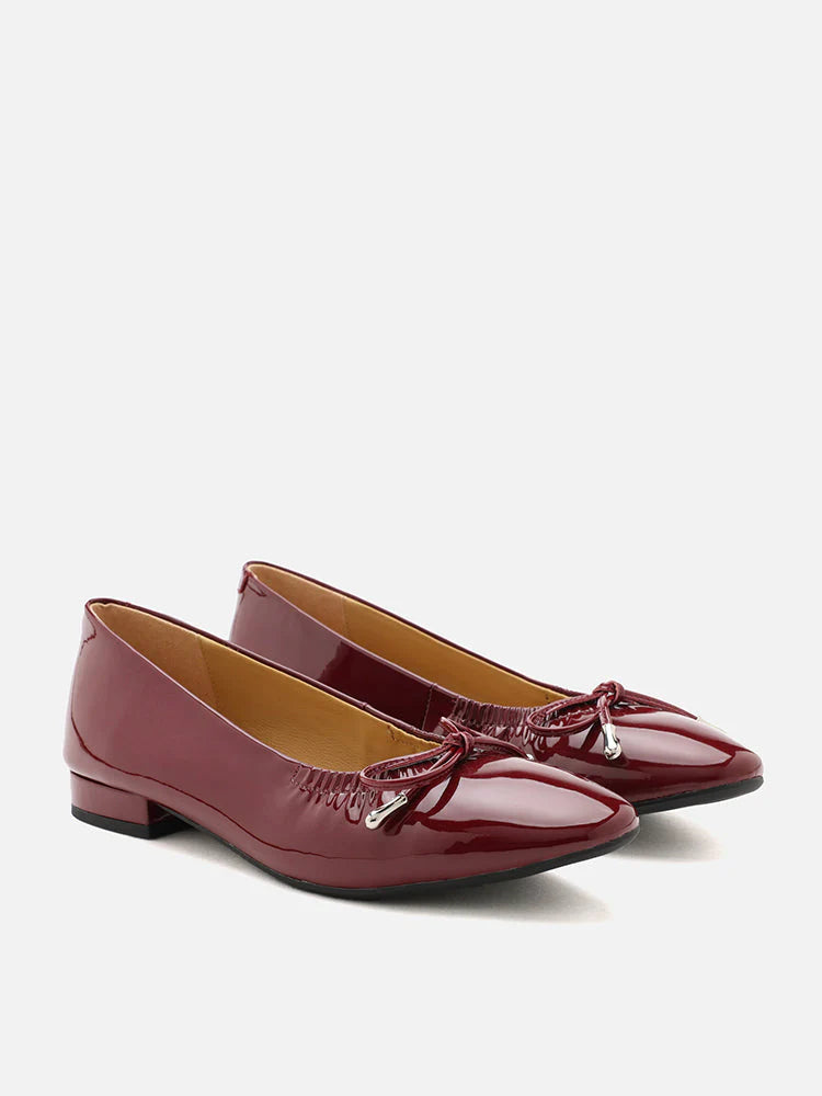 PAZZION, Margaret Bow Patent Ruched Detail Flats, Red
