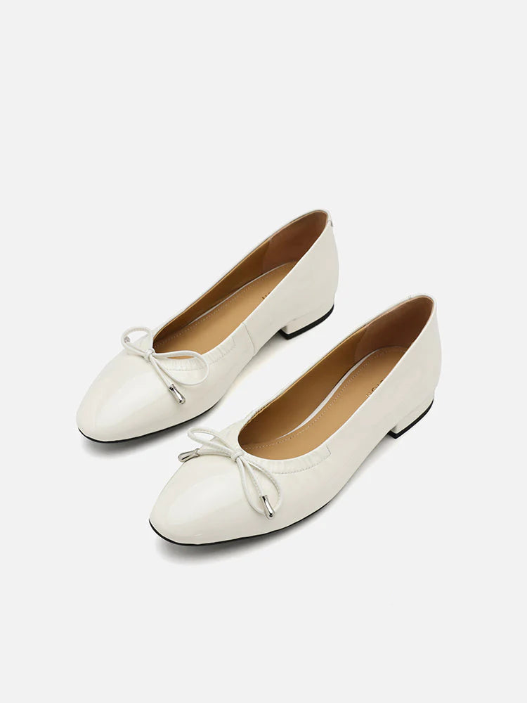 PAZZION, Margaret Bow Patent Ruched Detail Flats, White