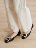 PAZZION, Marlie Buckle Patent Leather Low Heels, Black