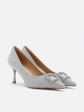 PAZZION, Miranda Crystal Embellished Buckle Glitter Pump Heels, Silver