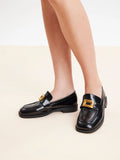 PAZZION, Nadine Gold Buckle Square Toe Loafers, Black