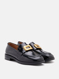 PAZZION, Nadine Gold Buckle Square Toe Loafers, Black