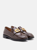 PAZZION, Nadine Gold Buckle Square Toe Loafers, Darkbrown