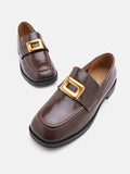 PAZZION, Nadine Gold Buckle Square Toe Loafers, Darkbrown