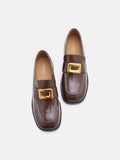 PAZZION, Nadine Gold Buckle Square Toe Loafers, Darkbrown