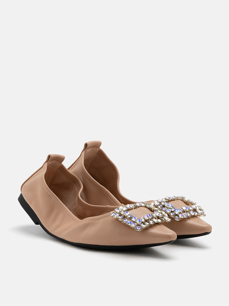 PAZZION, Odessa Embellished Buckle Foldable Flats, Almond