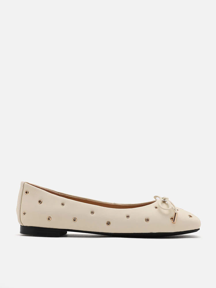PAZZION, Olympia Eyelet and Bow Square Toe Flats, Beige