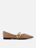 PAZZION, Riley Gold Buckled Embossed Leather Mary Janes, Almond