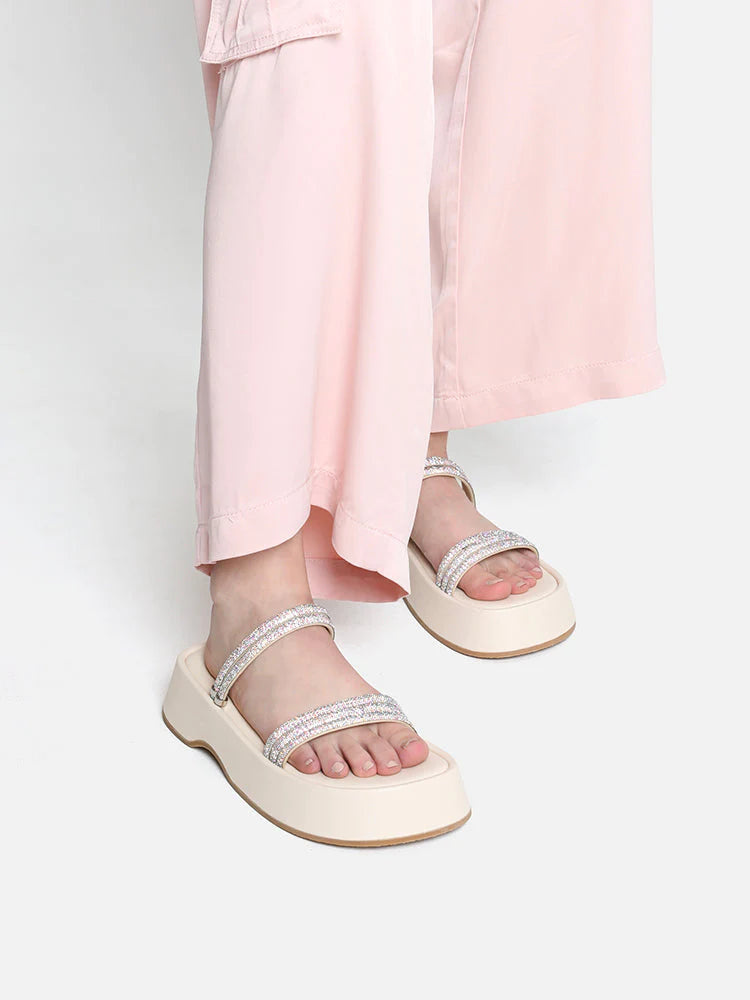 PAZZION, Safiya Crystal Embellished Sandals, Beige